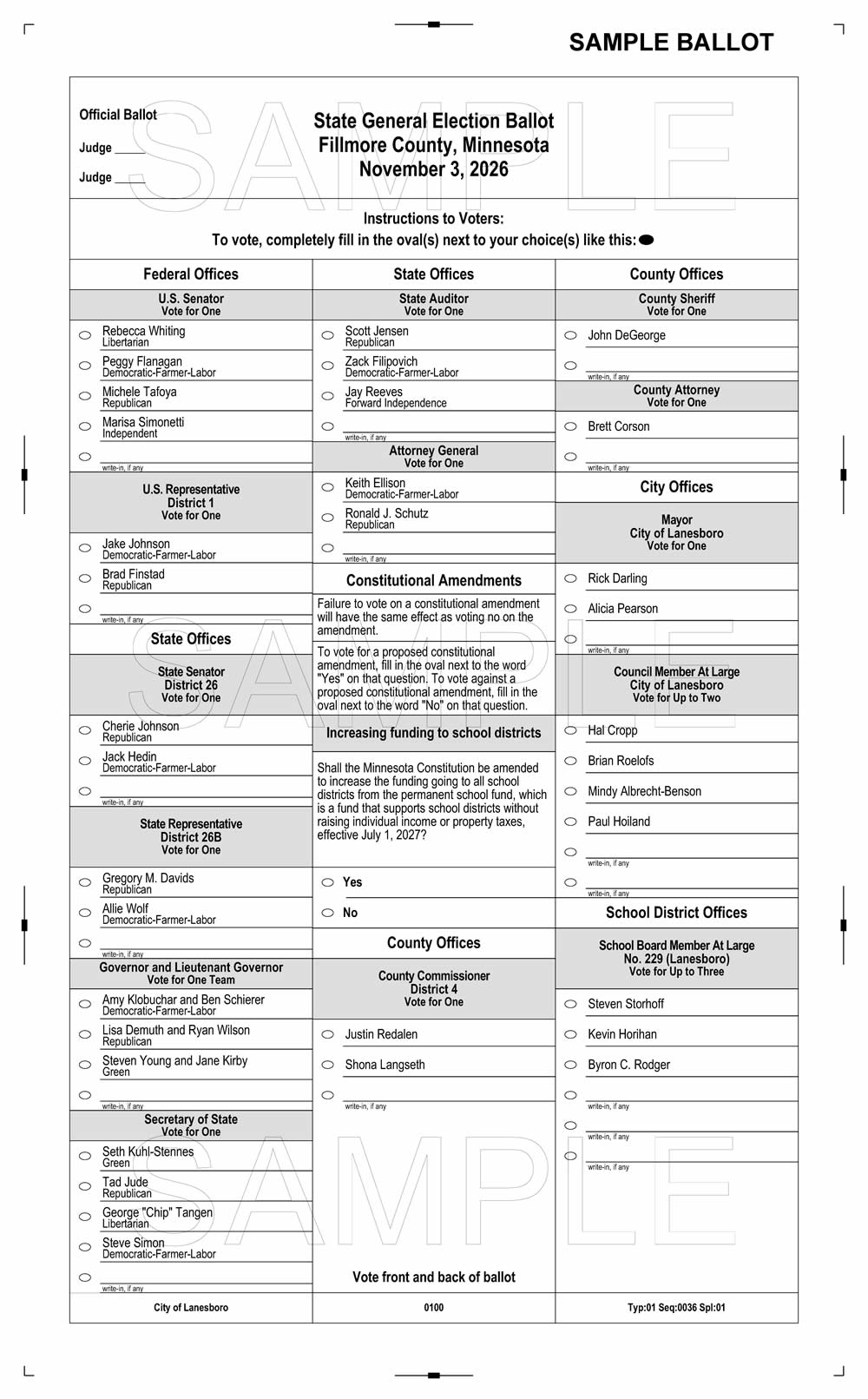 City of Lanesboro - 2026 General Election Sample Ballot