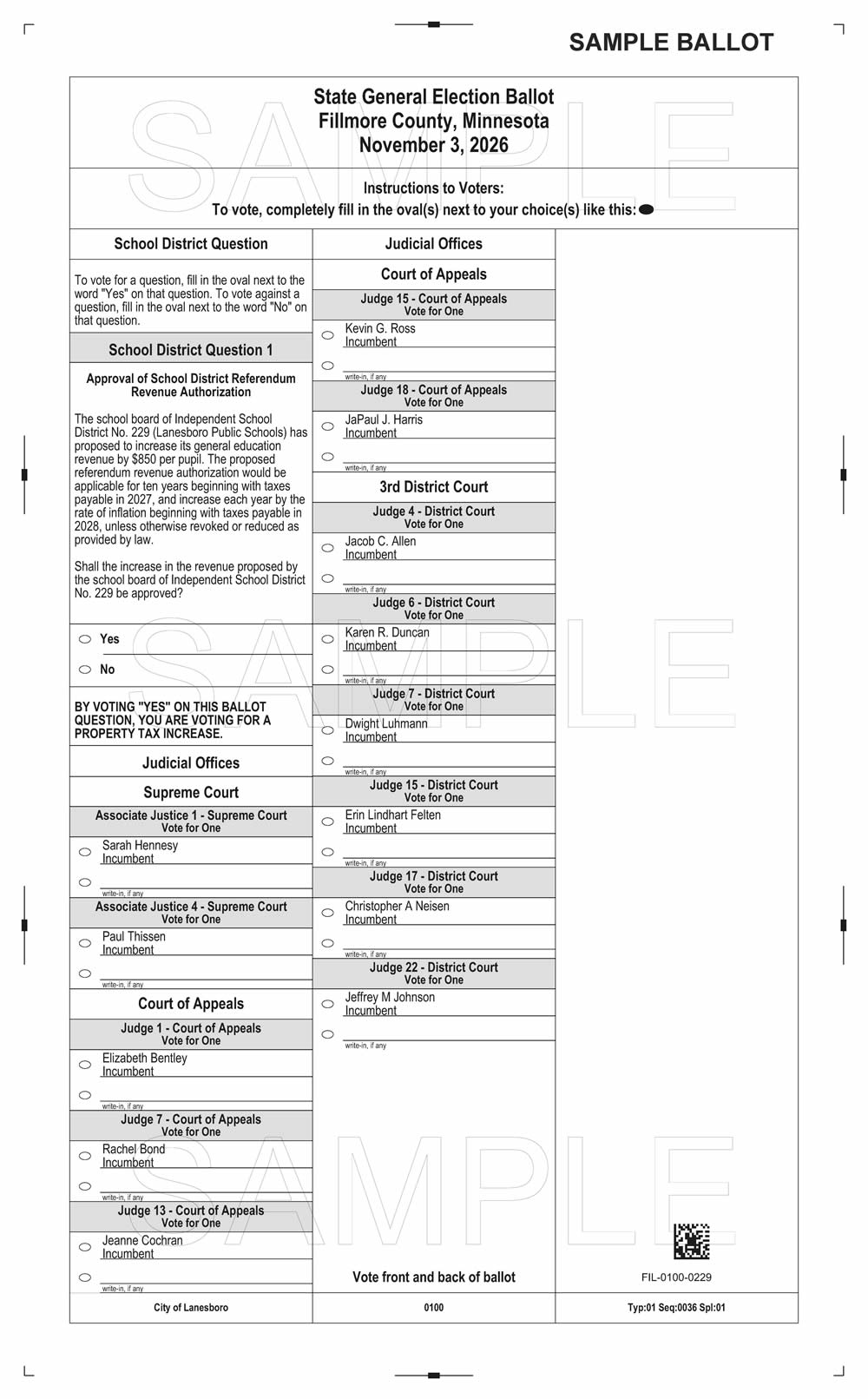 City of Lanesboro - 2026 General Election Sample Ballot